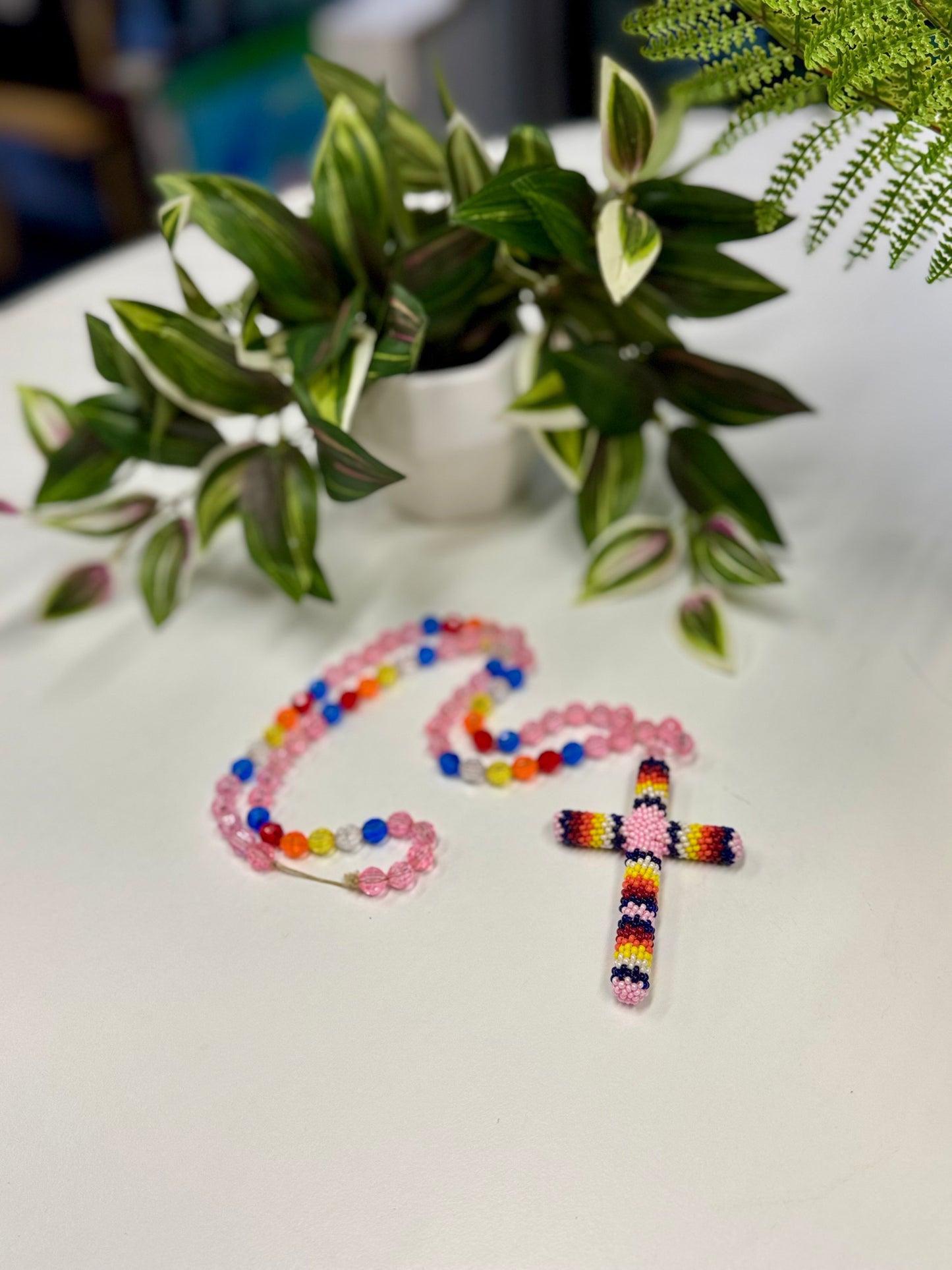 Pink Cross Beaded Necklace