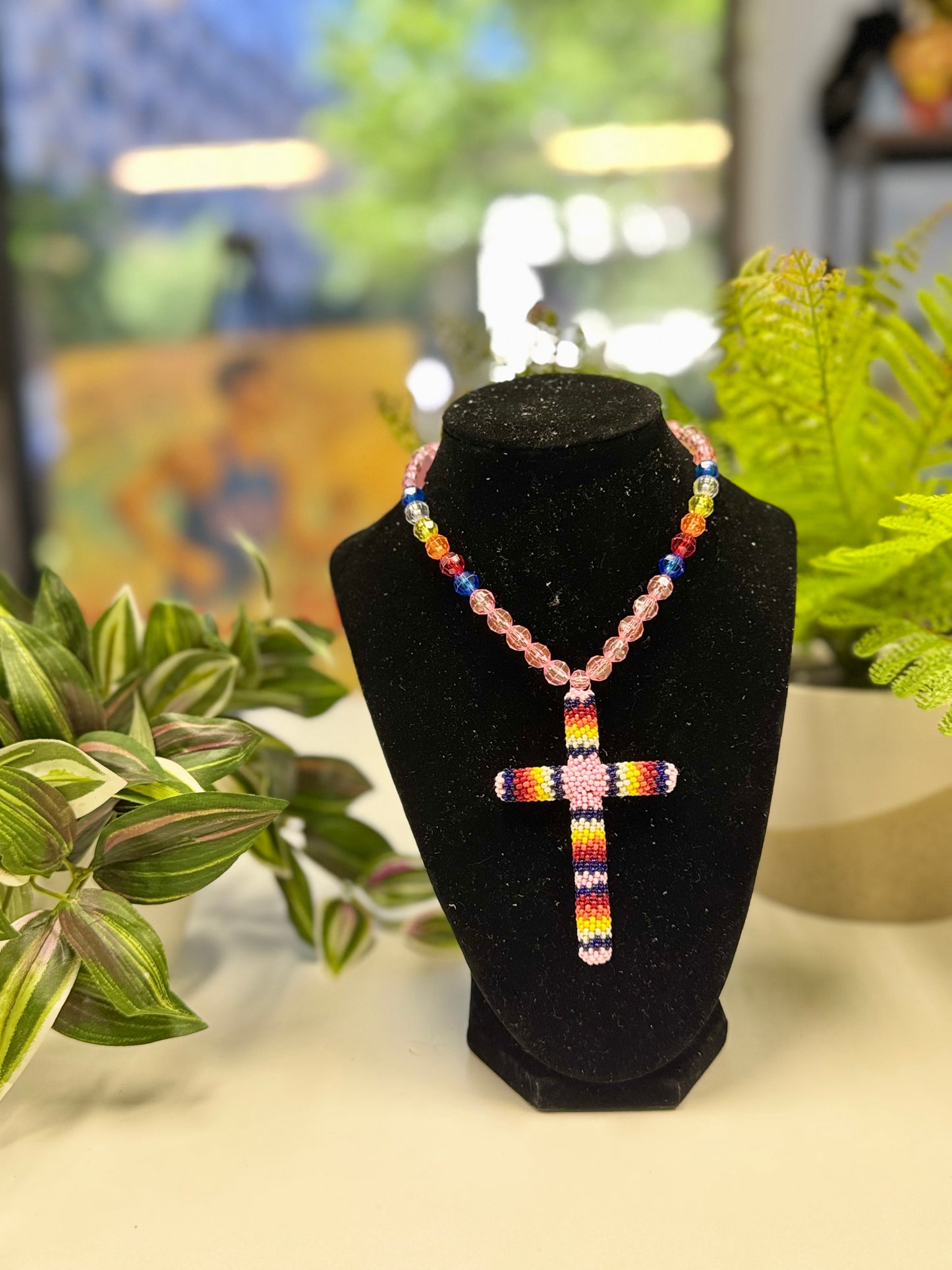 Pink Cross Beaded Necklace
