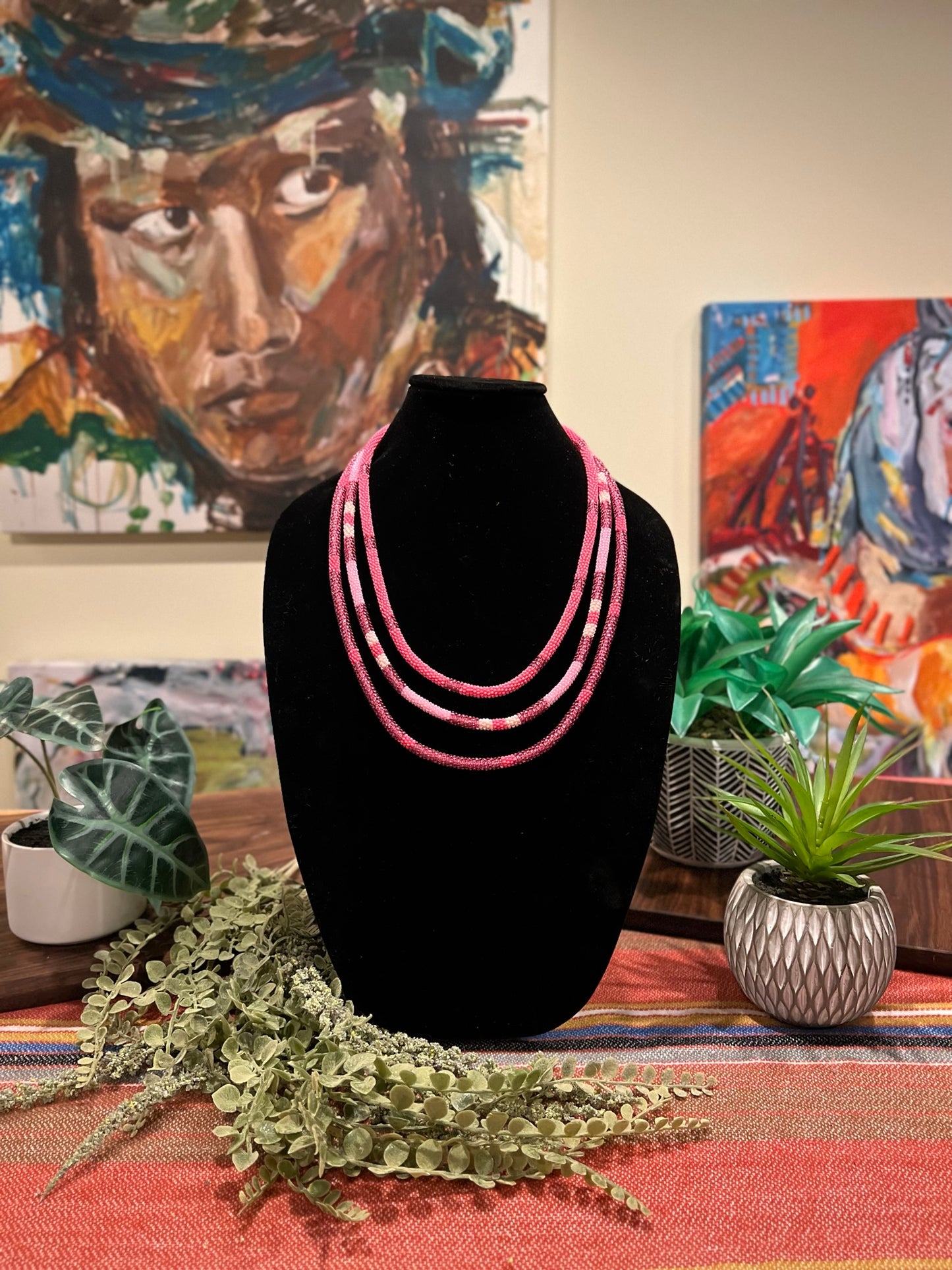 Pink 3-Tier Beaded Necklace with Dangle Earrings- All Relations United