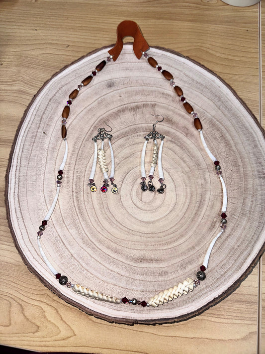 Eva Ellingson - Single Strand, CA Pinenut, Dentalium shell and Braided Beargrass necklace with matching Earrings