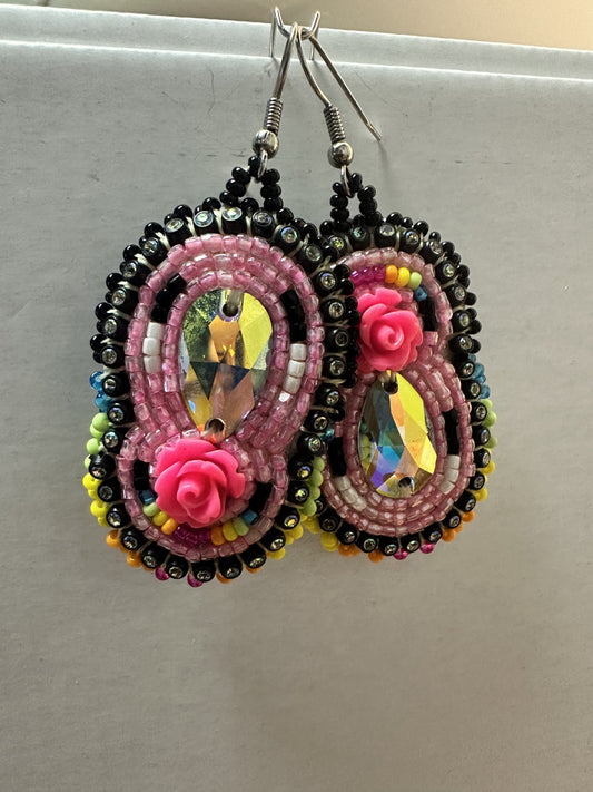 Beaded Earrings - Asymmetrical - Pink & Black