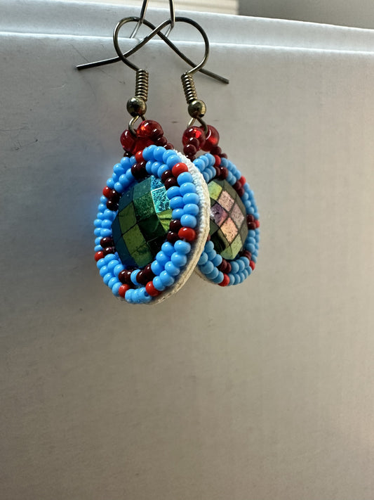 Beaded Earrings - Red - Blue Circles