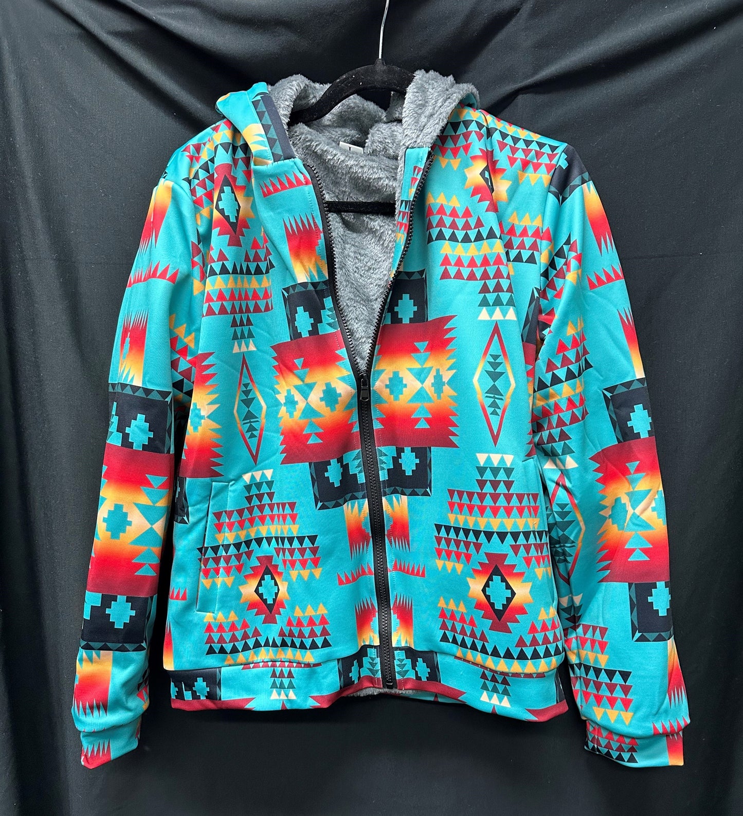 Turquoise Pattern Fleece Hoodie