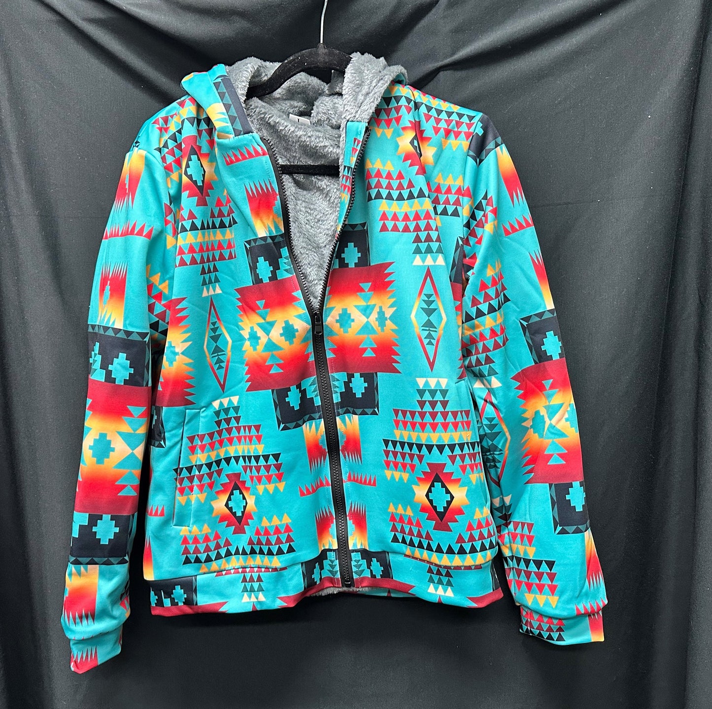 Turquoise Pattern Fleece Hoodie