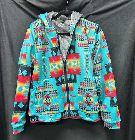 Turquoise Pattern Fleece Hoodie