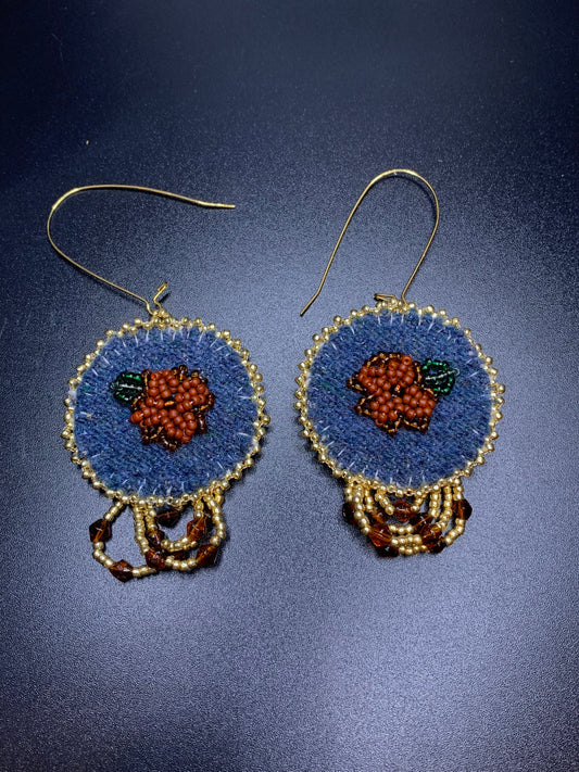 S.A. Lawrence - Raised Beadwork Brown & Topaz Flower Earrings