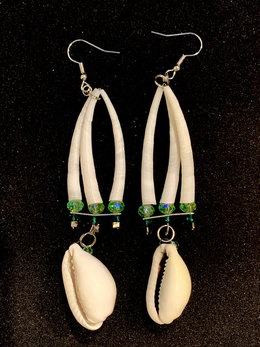 Amaris Makes Good - Dentalium Earrings with Shells and Green Beads