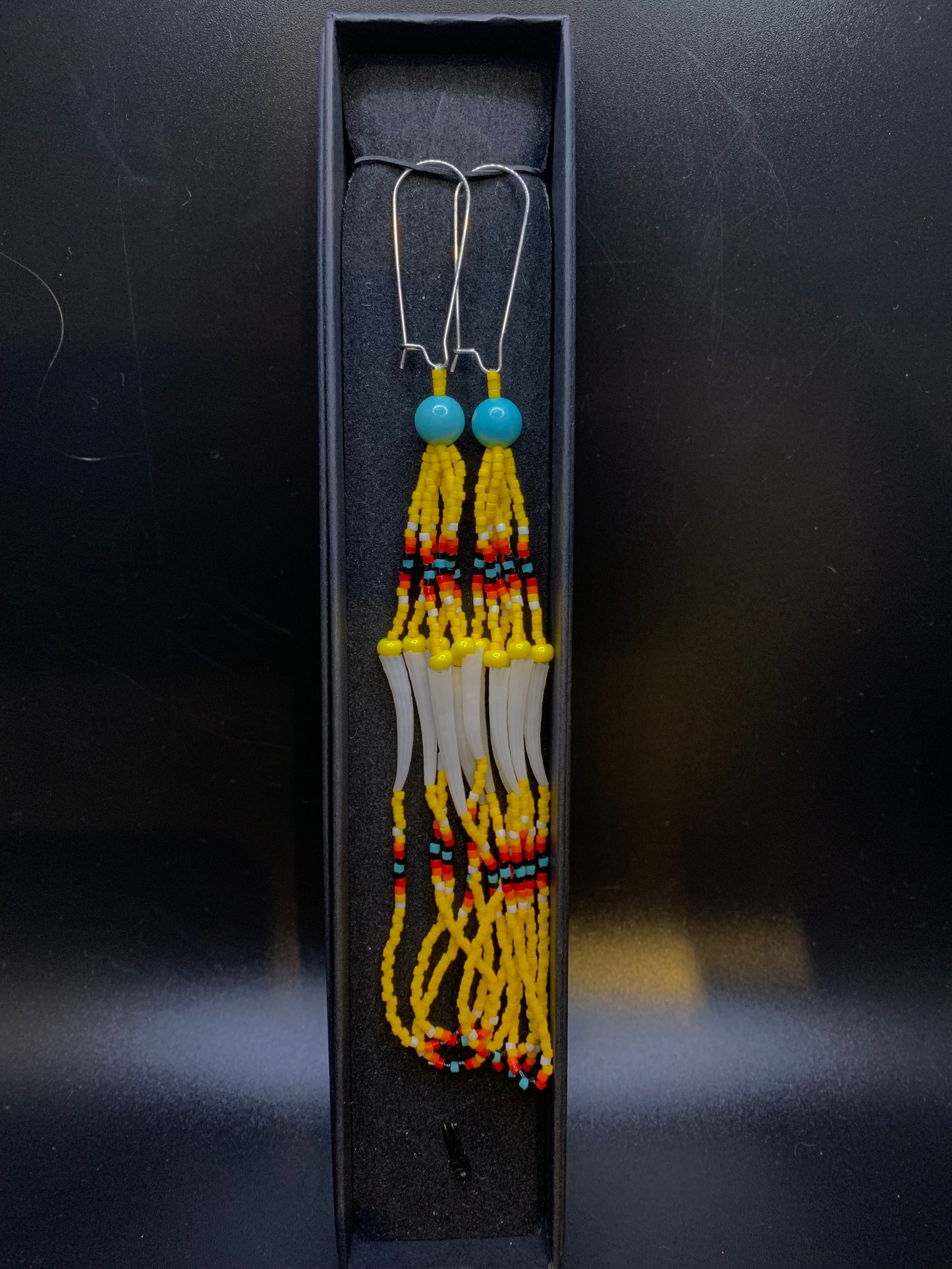 Kylie Kookesh - Yellow Beaded Dentalium Dangle Earrings