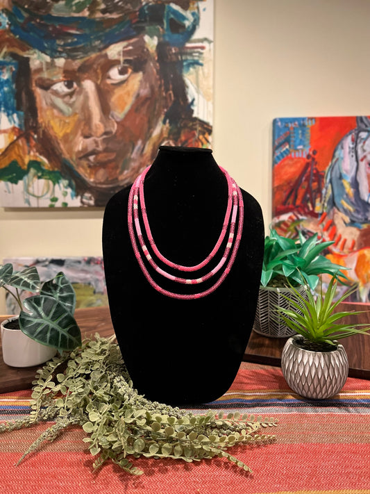 Pink 3-Tier Beaded Necklace with Dangle Earrings- All Relations United