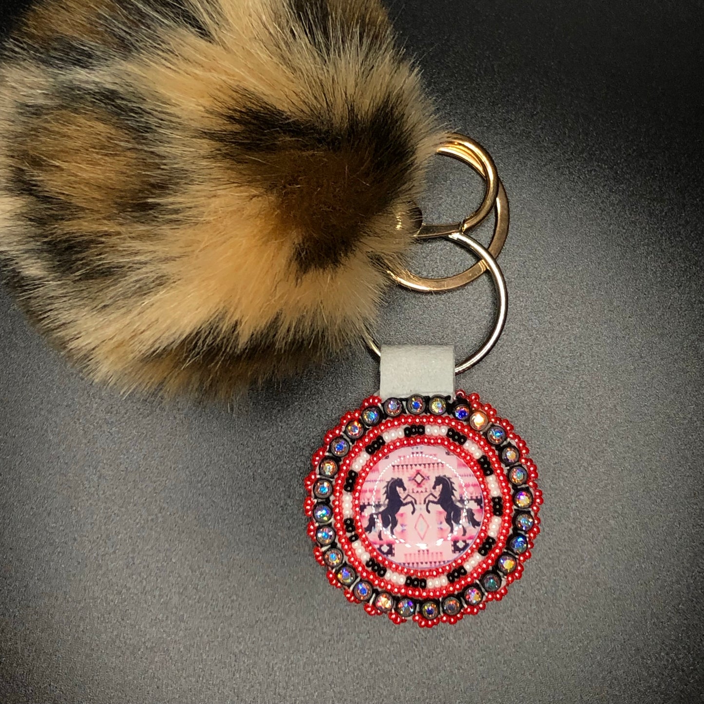 Germaine Thompson - Red, Black, White Beaded Keychain w. Pompom