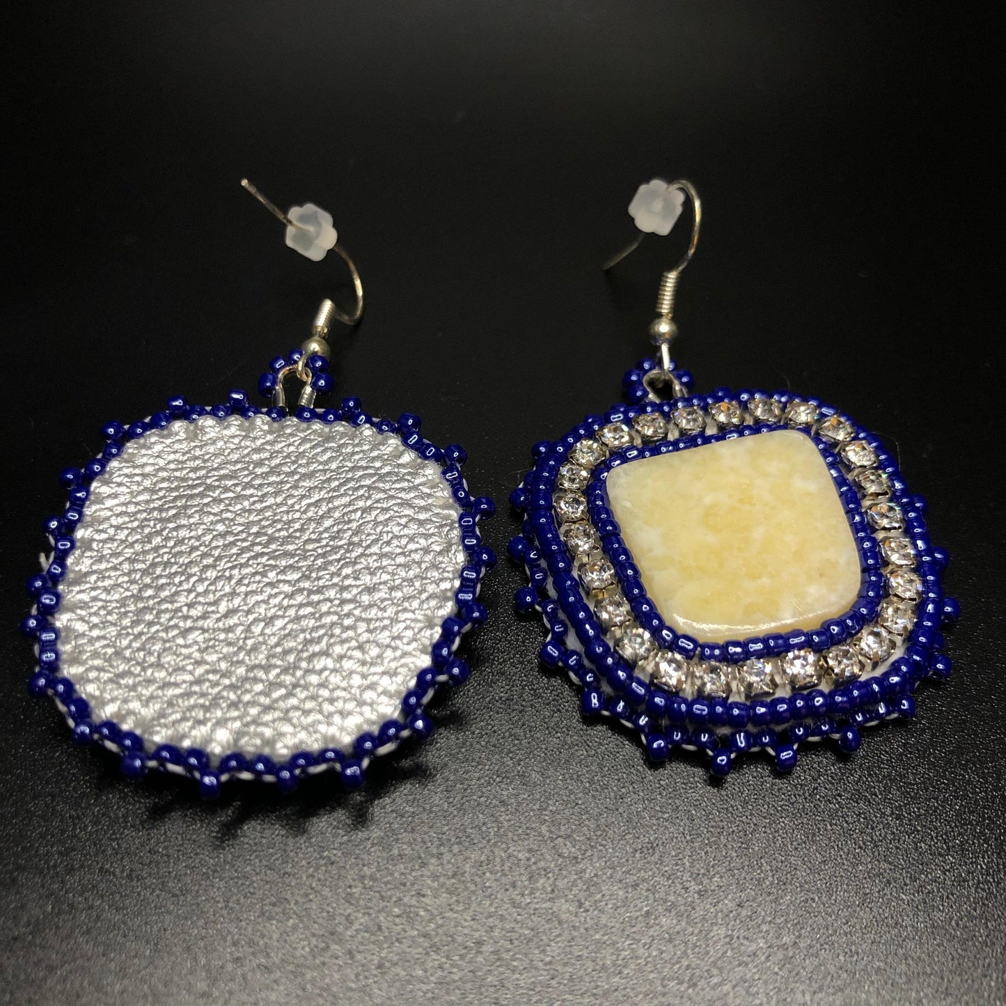 Aeshia Upton - Dark Blue Beaded Earrings, Off Square Ivory Centers