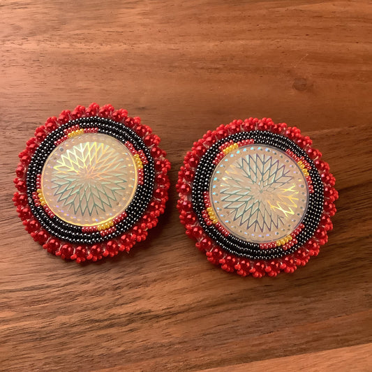 Germaine Thompson - Large Red Beaded Earrings w. White Center