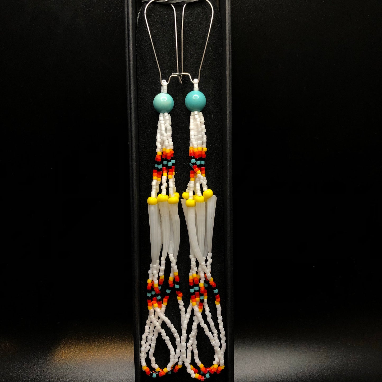 Kylie Kookesh - White Beaded Dentalium Dangle Earrings